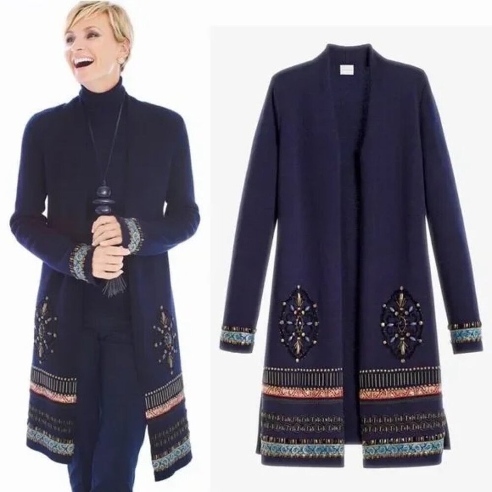 Chico’s Embellished Elektra Open Front Cardigan Size M Navy Blue